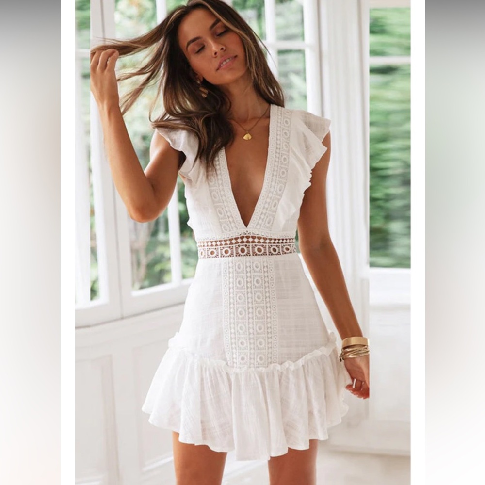 White Boho Crotchet Lace Ruffle Mini Dress